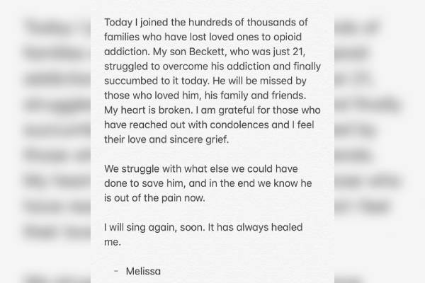 Melissa Etheridge message Melissa Etheridge son dead